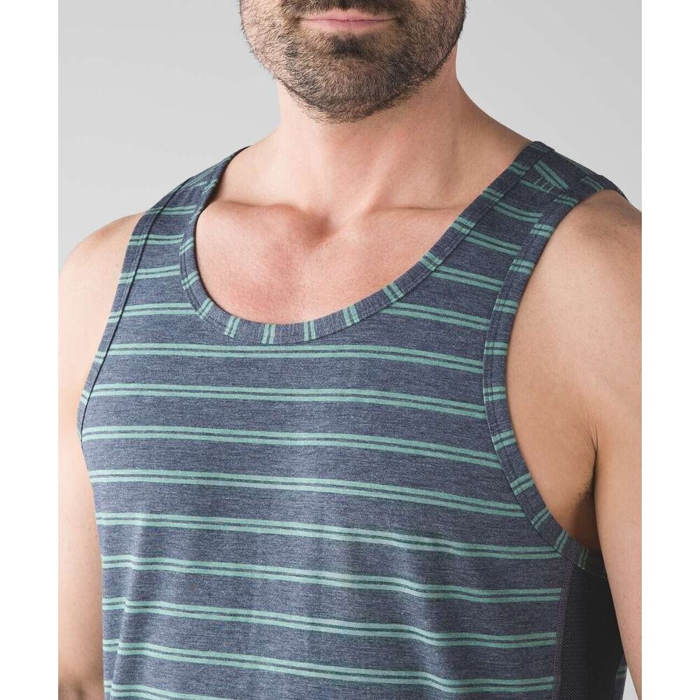 Lululemon Men's Gray Striped T.H.E. Tank - Med - Casual Run Train - Green/Grey